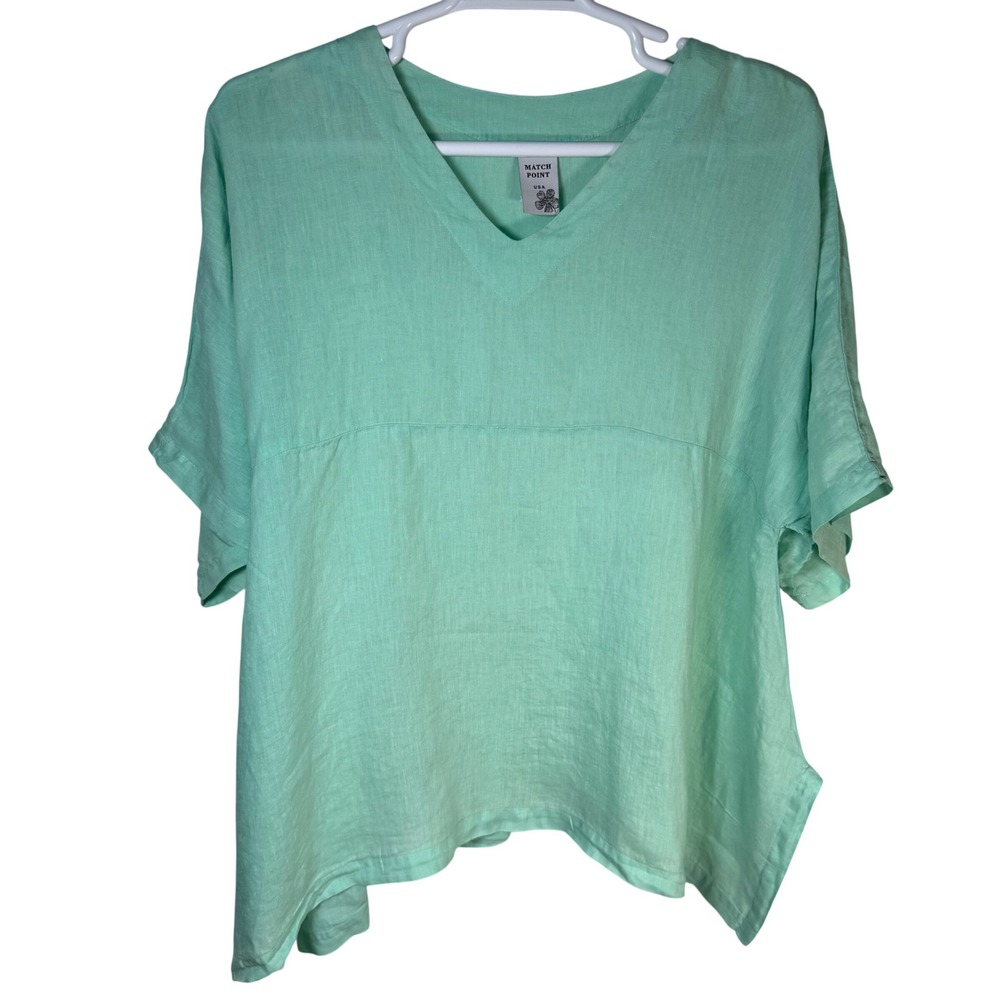 Match Point 100% Linen V-Neck Top  Short Sleeve‎ (Small-See Details) Made USA